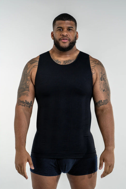 Tusq Apparel black tall length body shaper tank showcasing smooth compression fabric for men’s torso support