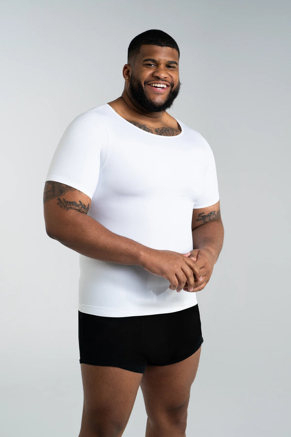 White regular length body shaper T-shirt from Tusq Apparel offering discreet support for men’s body confidence